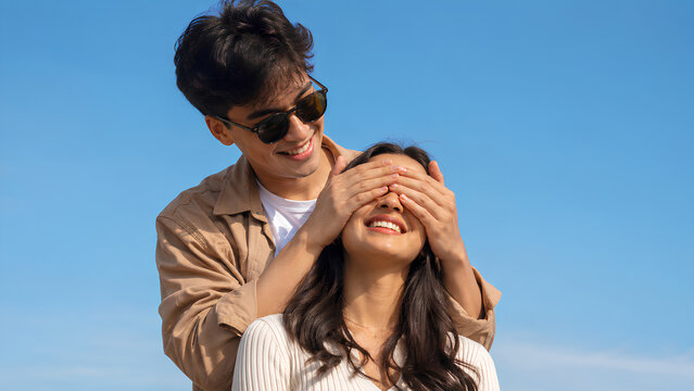Joyful Young Romantic Couple Playing Together Outdoors - Handsome Man Playfully Covering His Smiling Girlfriend's Eyes with Both Hands on a Bright Sunny Day with Blue Sky Background