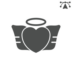 Naklejka premium Heart with angel wings solid icon, saint valentine day concept. Vector graphics. Angelic love, heart shape sign and editable stroke, glyph style icon for mobile or web design.