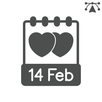 February fourteen calendar page solid icon, saint valentine day concept. Vector graphics. Page with hearts, holiday sign and editable stroke, glyph style icon for mobile or web design.