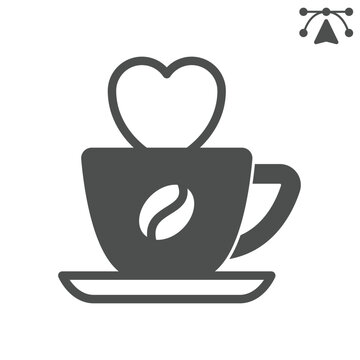 Coffee cup with heart solid icon, coffee drinks concept. Vector graphics. Caffeine beverage, hot drink sign and editable stroke, glyph style icon for mobile or web design.