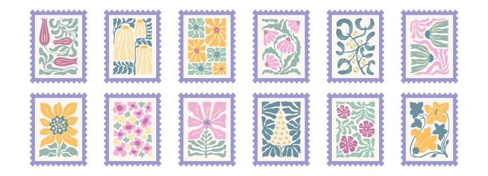 Set of flower stamp frames postcard, poster and postage edge ticket. Vector postal shape. Zigzag photo badge with post mail paper and template border card. Square design stamp