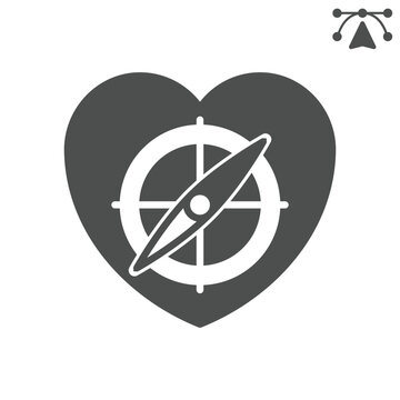 Heart with compass solid icon, saint valentine day concept. Vector graphics. Directional love, wayfinding sign and editable stroke, glyph style icon for mobile or web design.