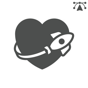 Rocket orbits a heart solid icon, saint valentine day concept. Vector graphics. Cosmic heart and ship sign and editable stroke, glyph style icon for mobile or web design.