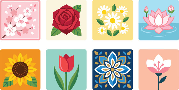 Floral icons and botanical flowers colorful vector set featuring spring and garden symbols