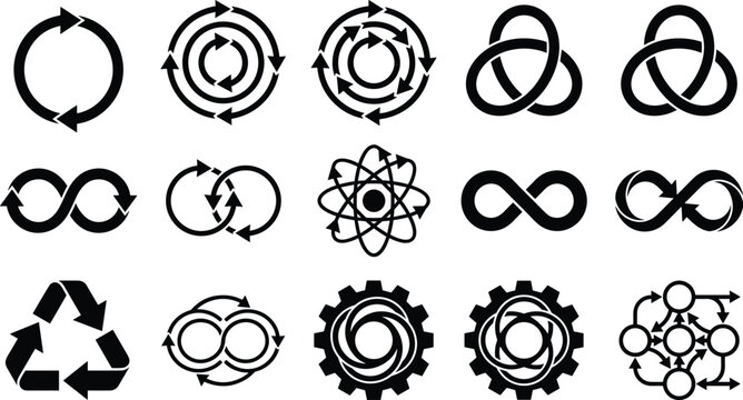 Black and white vector set of recycle arrows, infinity loops, geometric cycles, and continuous flow symbols.