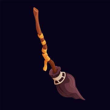 Witch broom, magic Halloween broomstick. Wizard broom stick with old wooden staff, brush. 3D vector element for fantasy game. Flying broomstick for witch, witchcraft. Halloween cartoon illustration.