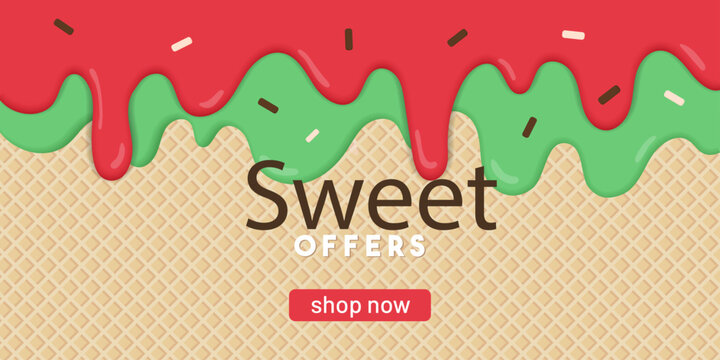 Ice cream sale banner with waffle texture and pink dripping glaze. Modern sweet dessert promotion template with shop now button, perfect for advertising, social media, web headers and summer offers.