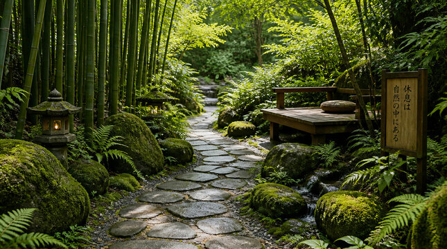 Restorative garden pathway surrounded by moss covered stone, bamboo, fern, and topaz light