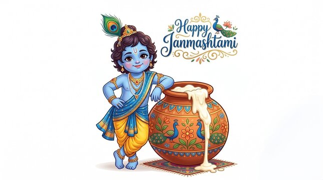 Happy janmashtami lord krishna with matki festive hindu celebration artwork