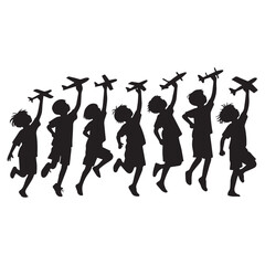 Fototapeta premium Children Silhouette Playing With Toy Planes Flying Freedom Childhood Concept Vector Illustration