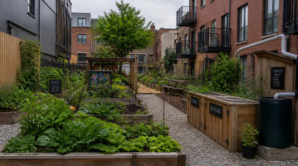 Fototapeta premium Community garden with raised vegetable bed between dense urban apartment buildings, creating peaceful green space for residents and neighbors