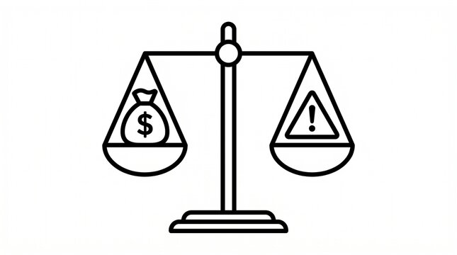 Balance scale icon with money bag and risk warning, financial profit versus caution business decision graphic illustration symbol.