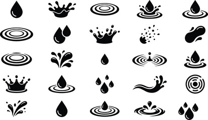 Naklejka premium Collection of flat vector water drop icons, liquid splashes, and ripple silhouettes isolated on a white background