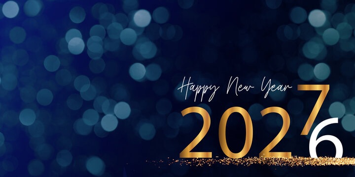 Happy new year 2027, new year's eve celebration greeting card with text - Golden Year 2027, isolated on dark blue background