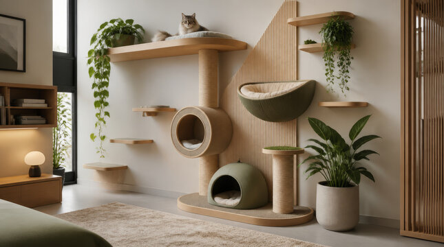 Cat enrichment corner with sculptural climbing platform and textured topaz interior design creating calm indoor retreat for pet