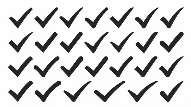 Grid of bold black check mark icons, completion approval verification task success symbol graphic illustration layout design.