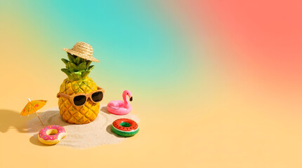 Fototapeta premium Cute pineapple in hat with copy space