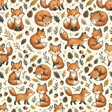 Cute red fox in autumn forest seamless pattern watercolor illustration