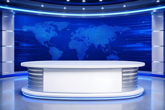 Modern Broadcast Studio with World Map Screen