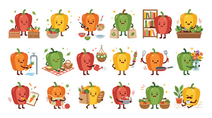 Obraz premium Cute bell pepper character collection doing various activities.