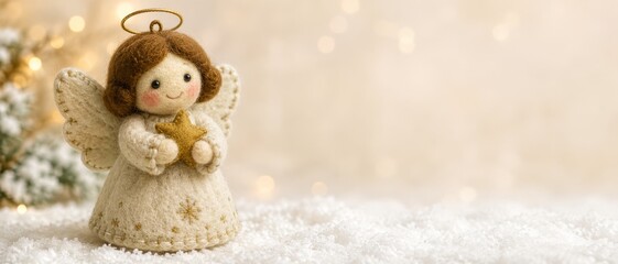 Naklejka premium Charming handmade felt angel doll against a golden bokeh background; banner format for Christmas and the winter holidays. Copy space