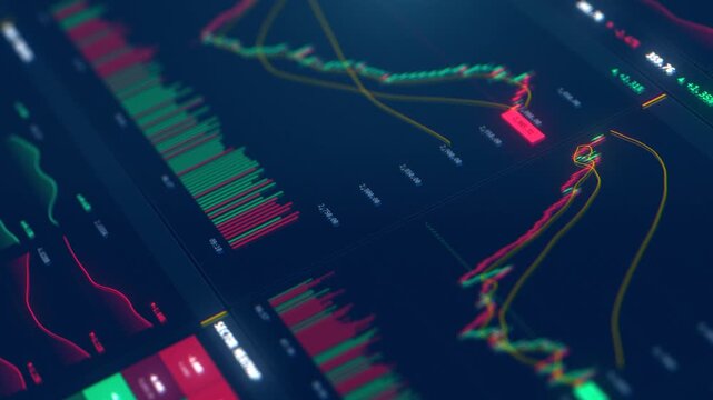 Trading terminal interface with a cryptocurrency candlestick charts, market board quotes and heatmap panels. Close up of a crypto and stock exchange dashboard with green and red price data