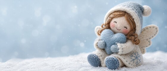 Naklejka premium Charming handmade felt angel doll against a golden bokeh background; banner format for Christmas and the winter holidays. Copy space