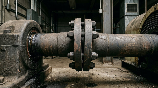Misaligned industrial drive shaft flange coupling with metal fatigue