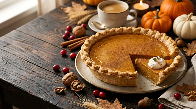 Homemade pumpkin pie slice served on rustic wooden table with autumn harvest decor