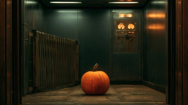 Single orange pumpkin placed on the worn steel floor of an empty industrial freight elevator with a collapsible metal gate and glowing analog control panel dials on the back wall, dark green painted i