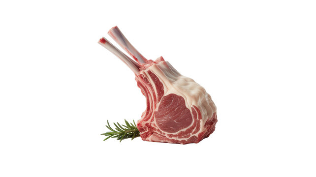 Two raw lamb chops with bones, garnished with a fresh green rosemary sprig, isolated on a white background, ready for gourmet cooking