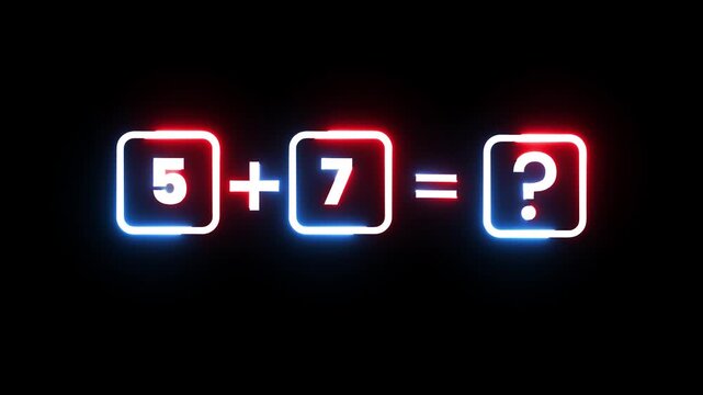 Neon math equation displaying five plus seven equals question mark on dark black backdrop.