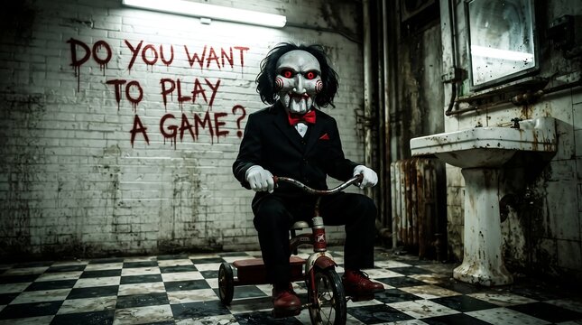Scary puppet sitting on red tricycle in dark room with bloody message on wall