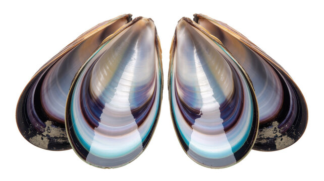 Two open mussel shells with pearlescent, iridescent interiors and dark outer edges, arranged symmetrically, isolated on a plain white background