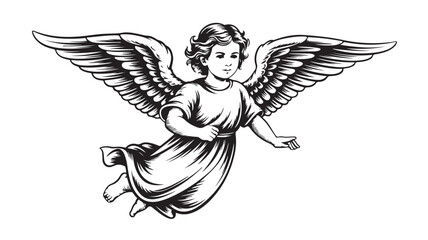 Fototapeta premium Flying cherub angel vector illustration featuring detailed wings and a peaceful face in a classic black and white artistic style