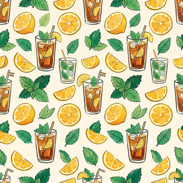 Fresh lemon iced tea and mint leaves seamless pattern watercolor illustration