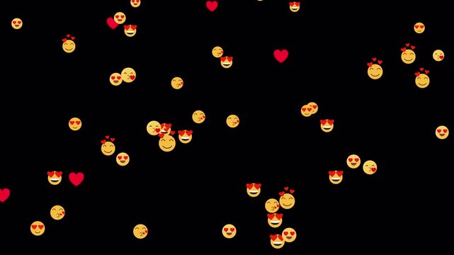 Romantic love emojis, hearts and kissing faces float upward in a joyful animation representing affection and romance with alpha channel.