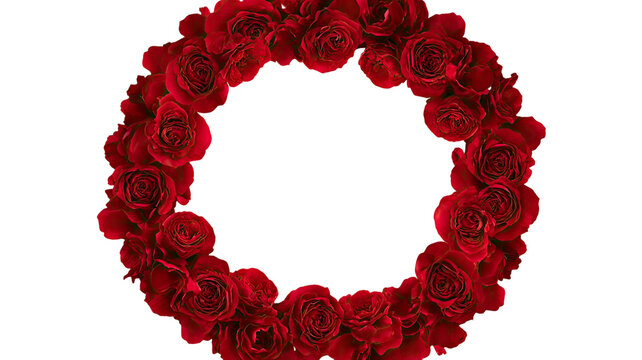 Red rose wreath with blooming flowers forming a circular frame for floral decoration isolated on white background