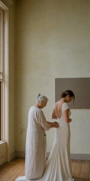 Grandmother buttoning the wedding dress the moment her fingers close the last loop at the back, bride getting ready with copy space