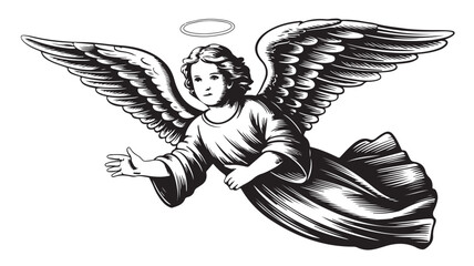 Fototapeta premium Detailed vector illustration of a flying celestial angel featuring large feathered wings and a glowing holy halo religious symbol