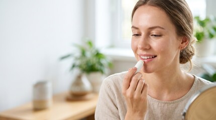 Fototapeta premium Woman applying lip balm in modern bathroom with natural light and greenery. Relaxed woman enhances beauty routine using lip care product in front of mirror. Concept of skincare and personal grooming.