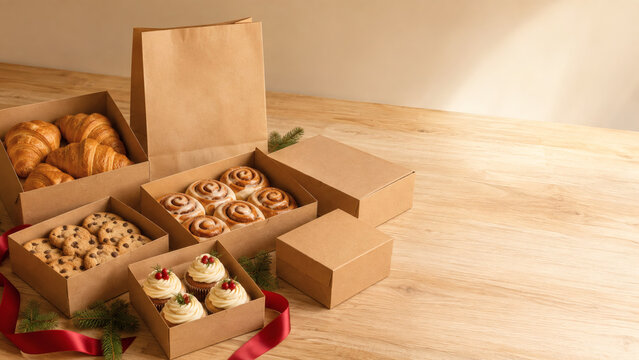 Christmas bakery preorder and delivery promotion with pastry boxes and copy space