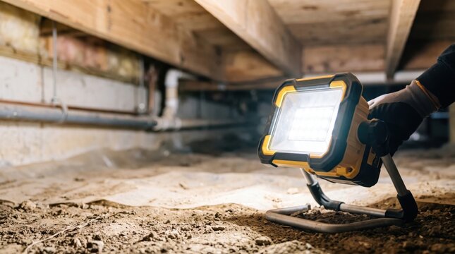 Worker holding portable work light in crawl space for illumination. Scene showcases maintenance activities, highlighting the importance of lighting in construction or repair tasks.