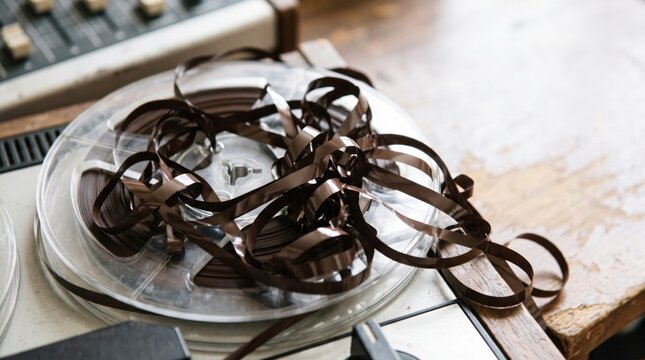 Tangled reel tape with brown film on vintage turntable display. Closeup of tangled reel tape captures intricate loops and details of magnetic material. Concept of audio recording and retro technology.