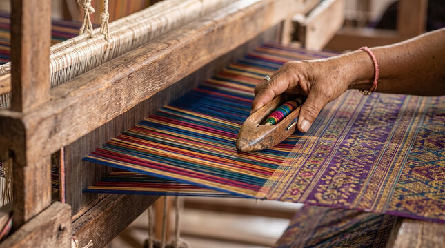 Silk weaving loom traditional craft process shown in wooden setup. Experienced artisan uses silk weaving loom traditional craft process with wooden shuttle.