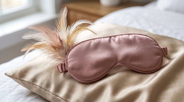 Sleep mask with plume resting on soft satin pillow. Luxury sleep mask with plume provides comfort for deep rest.