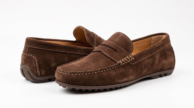 Suede driving shoes with pebbled rubber sole displayed on white background. Suede driving shoes crafted from premium brown leather with moccasin toe and soft feel.