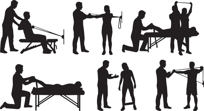 Physical therapy silhouettes set, medical rehabilitation and physiotherapy icons, massage and exercise vector collection