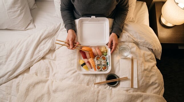 Person eating sushi takeout with chopsticks on a cozy bed in a hotel room