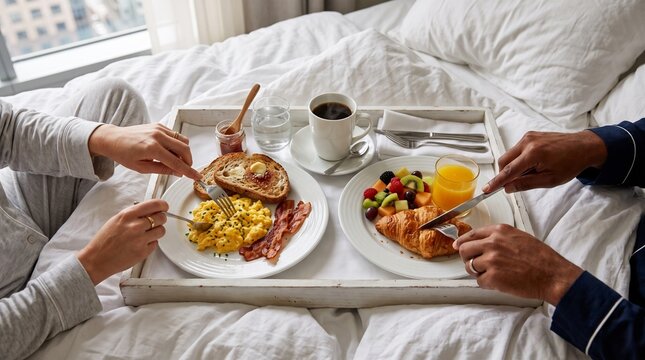 Couple eating room service breakfast in bed at a luxury hotel room
